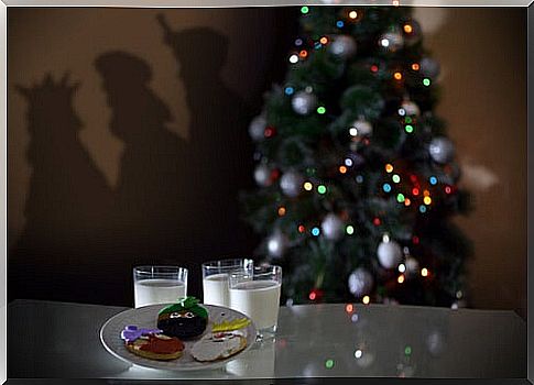 Glasses of milk with cookies next to the Christmas tree