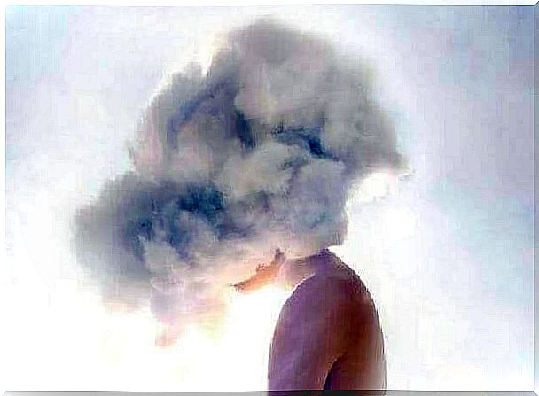 Woman with cloud on head