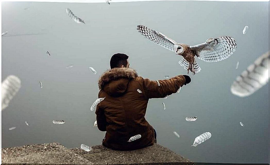 man with owl simulating the weight of the wounds of authoritarianism