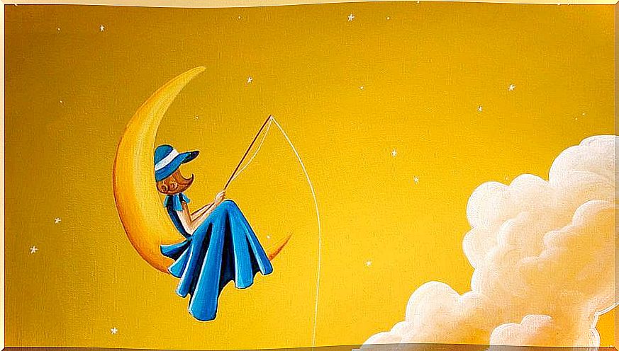 woman fishing for the moon on yellow background representing the time I waited